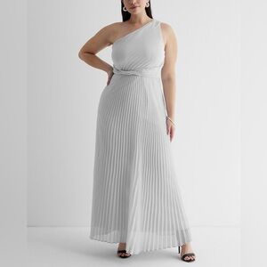 NEW Express One Shoulder Twist Front Pleated Maxi Dress Silver New Years